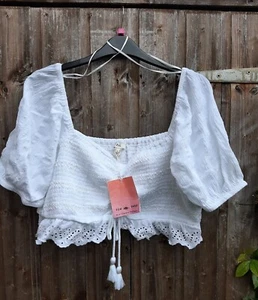 NWT River Island White Floral Broderie Ruched Embroidered Crop Top L 12 / 14 £28 - Picture 1 of 8