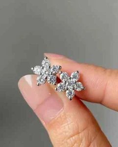 1.00Ct Round Cut Moissanite Push Back Flower Stud Earrings 14K White Gold Plated - Picture 1 of 7