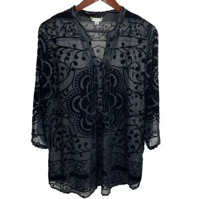 Garnet Hill Size 8 Black Velvet Sheer Lotus Flower Tunic Top Western Boho Rodeo - Image 1 of 4