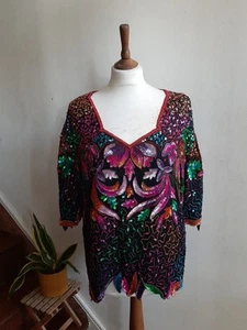 80s Vintage Sequin And Beaded Top Art Deco Glam Silk India Party Cocktail M - Picture 1 of 15
