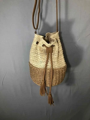 Two Tone 100% Paper Woven Bucket Bag Drawstring Crossbody Polyurethane Strap - Image 1 of 4