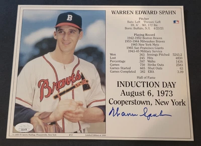 WARREN SPAHN Signed 8x10 Photo-HALL OF FAME-MILWAUKEE BRAVES-JSA - Image 1 of 4