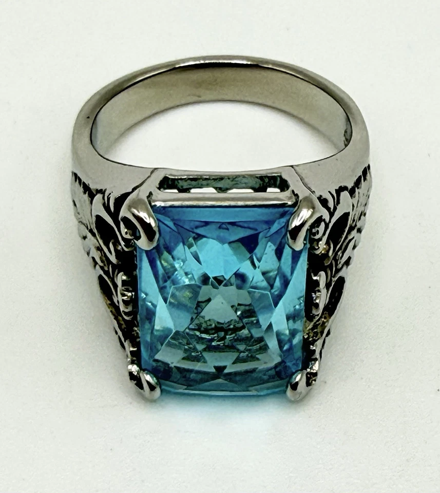 Anillo de acero inoxidable TK316 imitación topacio azul texturizado Art Deco anillo tamaño 6 1/2 Foto 1 de 4