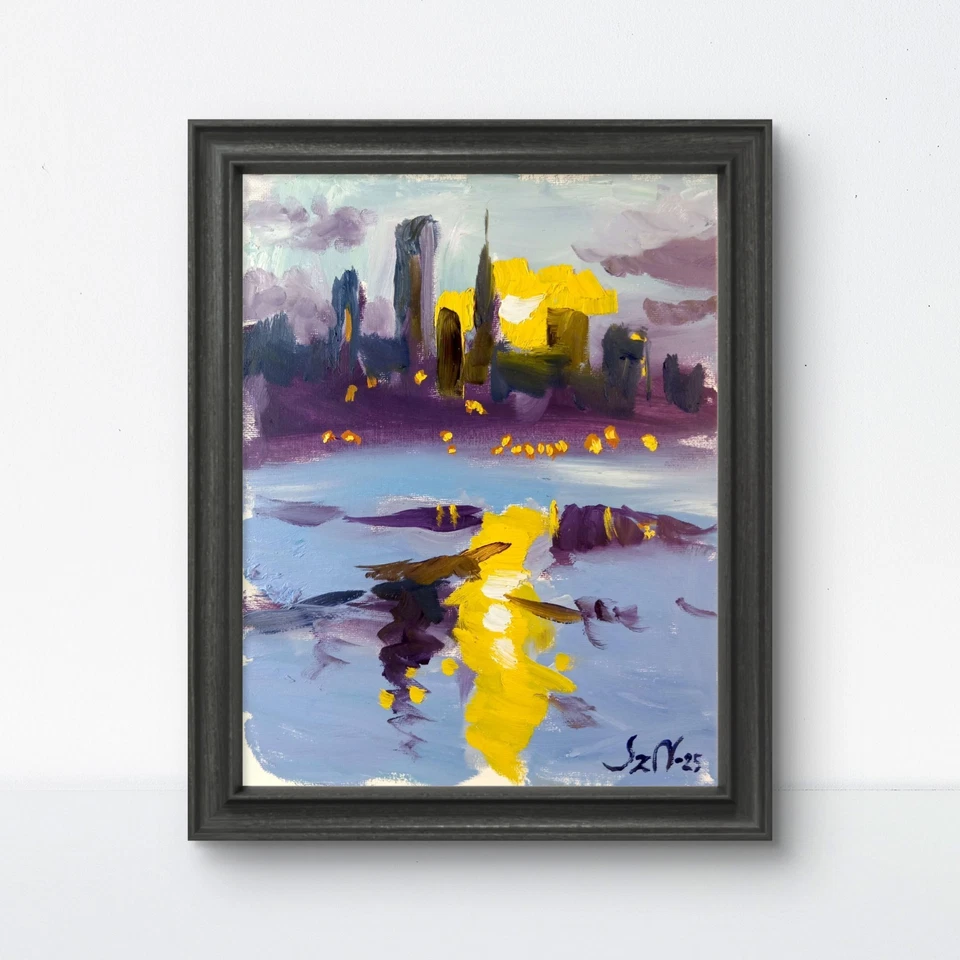 Pintura al óleo original 9x12 lienzo paisaje urbano moderno abstracto neoexpresionismo Foto 1 de 4