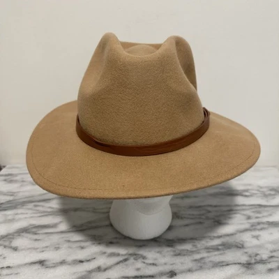 Anthropologie 羊毛 Fedora 帽子女式 OS 棕褐色宽边波西米亚节日西部农场 — 第 1/4 张图片