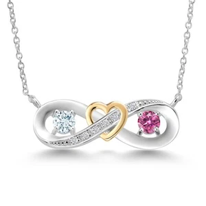 925 Silver and 10K Yellow Gold Necklace Aquamarine Pink Moissanite (0.54 Cttw) - Picture 1 of 3