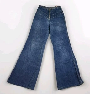 Vintage 1970s MUSHROOM Denim Jeans High Waist Bell Bottoms Waist 24 X 31 - Picture 1 of 11