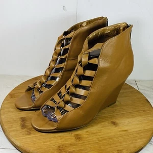 Kelsi Dagger INNIS Women Bootie Brown Leather Wedge OPEN TOE Boots Sz 9M See Pic - Picture 1 of 8