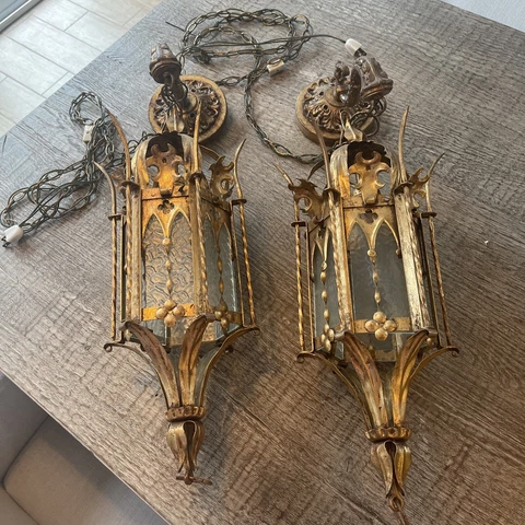 Antique Pair Of Gilt Gold Italian Style Spanish Colonial Chandelier Lantern Cover