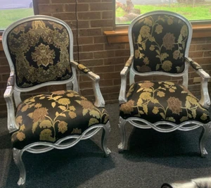 Wide French Louis Style Armchair Black & Silver Frame with Black Floral Fabric - Picture 1 of 16