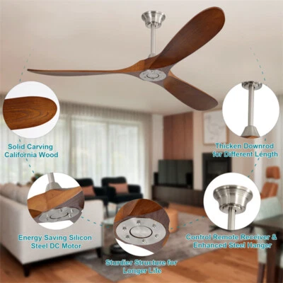 60In Modern 6 Speed Ceiling Fan with Remote Control 3 Solid Wood Blades No Light - Image 1 of 4