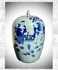 Antique Blue and White Ginger Jar. Celadon Ground, Rich Cobalt Brushwork e20th C