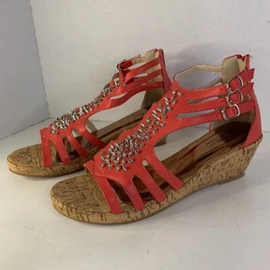 Women's size 11 studded coral dressy cork wedge sandals open toe, zip back - Picture 1 of 17