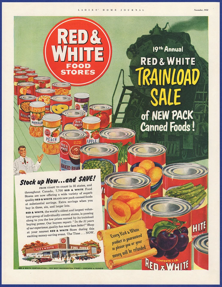Anuncio impreso efímero vintage 1952 rojo y blanco tiendas de comestibles productos enlatados años 50 Foto 1 de 1