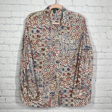 LRL Lauren Ralph Lauren Blouse Women 2X Pocket Tab Shirt Art Roll Up Sleeve