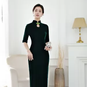 Damen Samt Cheongsam Kleid Mandarinkragen Chinesisch Traditionell Qipao Abend - Bild 1 von 18
