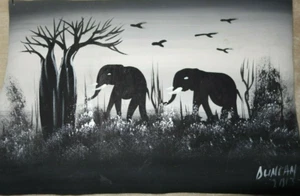 African Black and White Hand Painting of Elephants Canvas Signed Duncan 2013 - Picture 1 of 4