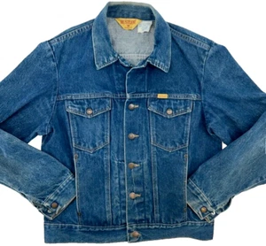 vtg 80s RUSTLER 13 oz Denim Jean Jacket Trucker Blue Jean MEDIUM usa 79112PW - Picture 1 of 19