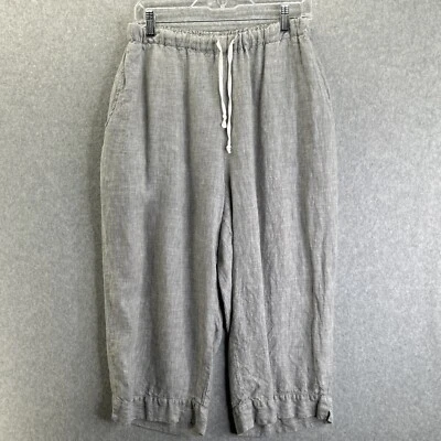 FLAX Medium Gray Pants Linen Drawstring Lagenlook Cropped Capris Elastic Waist - Image 1 of 4