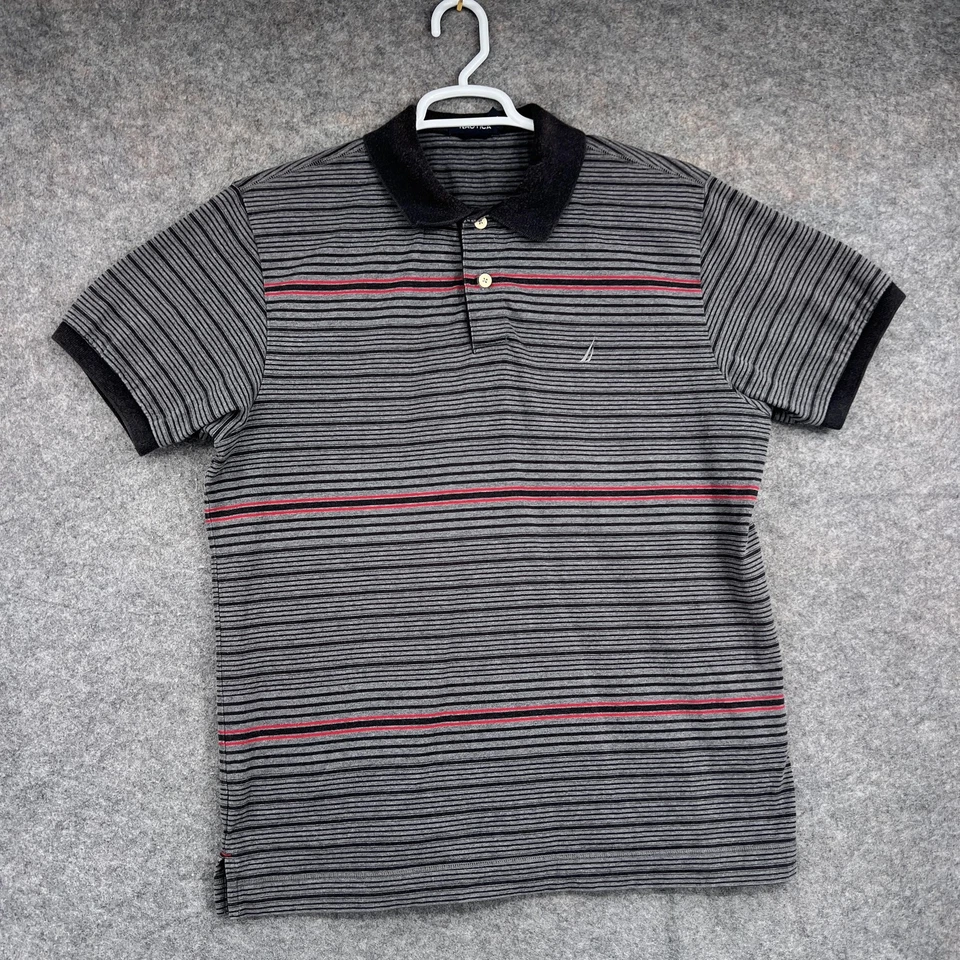 Nautica Polo Shirt Mens Large Gray Black Red Striped Short Sleeve 100% Cotton - Image 1 of 4