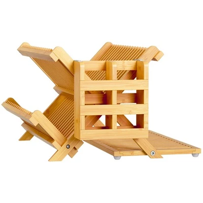 Estante para platos plegable de bambú, alfombrilla de secado incluida, diseño de 3 niveles, beige Foto 1 de 4
