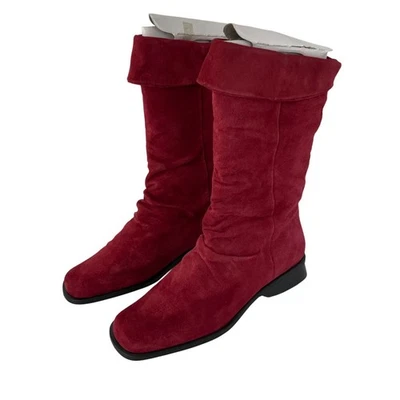 Markon Womens Red Suede Leather Mid-Calf Boots Size 8.5M Fold-Over Cuff QVC NIB - Image 1 of 4