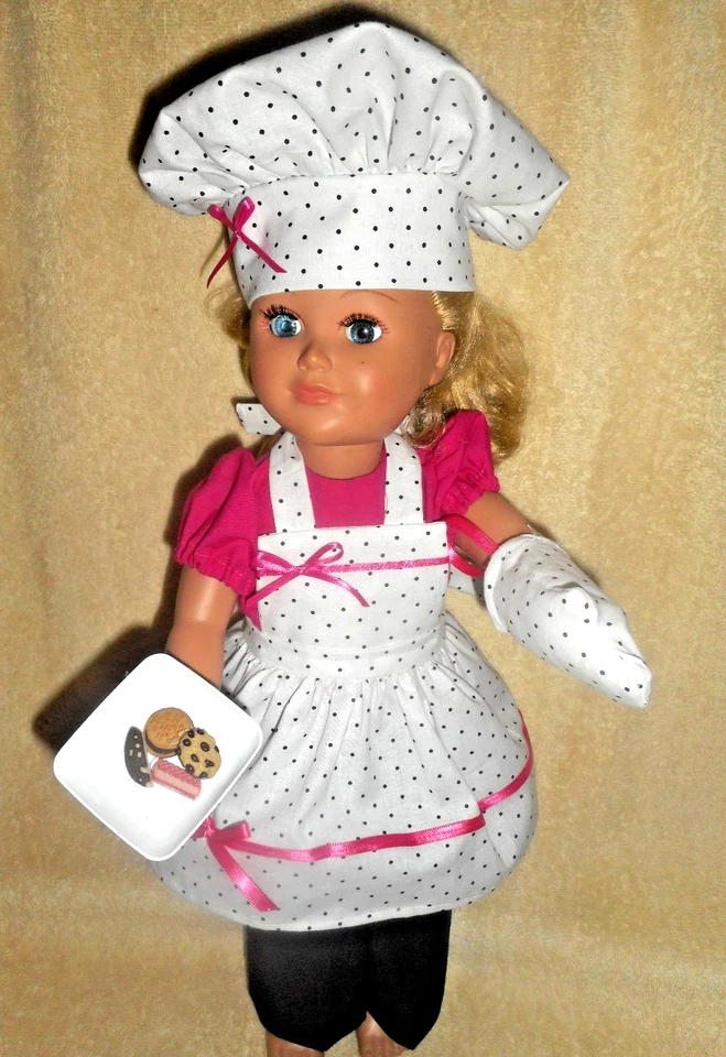 Ropa muñeca 18"-chef-pantalones, blusa, delantal, sombrero de chef, guante de horno, plato de galletas Foto 1 de 4