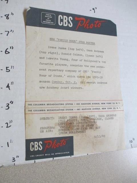 Foto del programa de radio de televisión CBS 1949 FAMILY HOUR Loretta Young Irene Dunne Dana Andrews Foto 1 de 1