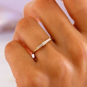 Anello Fede Nuziale Diamanti Baguette Naturali Anello Oro Massiccio 14k - Foto 1 di 4