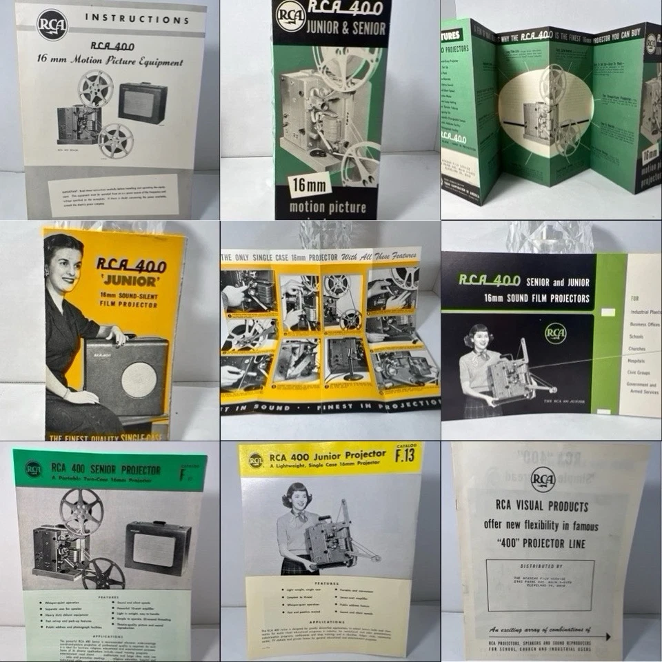 RCA 400 Senior & Junior 16mm Proyector de Cine Manual, Folleto LOTE de 7 Foto 1 de 4