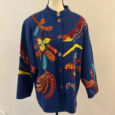 Chaqueta vintage para mujer Julia Kim Art Wear azul talla grande apliques bordados Foto 1 de 4