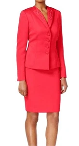 Tahari ASL Skirt Suit Sz 10 Two Piece Set Embroidered Beaded Jacket Skirt Coral - Picture 1 of 20