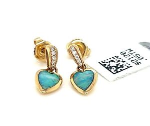 Kabana Diamond Fire Opal 14k Yellow Gold Heart Small Dangle Earrings