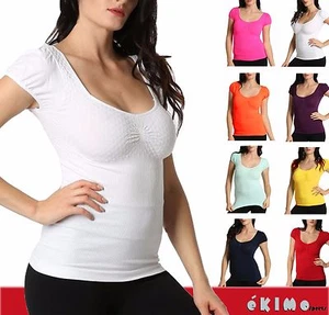 Mujeres Corte Bajo Escote Mangas Cortas Camiseta Pucker Costilla Alta Camiseta - Imagen 1 de 28