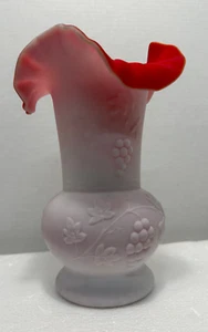 Kanawha Satin art glass, poppy red over milk white, ruffled edge, 9" Vase - Picture 1 of 6