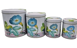 MCM Retro Morning Glory Striped Tin Litho Canisters Set Of Four Flowers Stripes - Picture 1 of 16