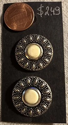 2 Silver Tone Metal Shank Buttons Cream Plastic Center 23mm 7/8" On Card 8478 - Image 1 of 2