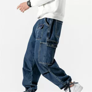 Men Cargo Pocket Jeans Retro Denim Pants Elastic Waist Hip Hop Blue Long Trouser - Picture 1 of 7