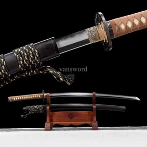 Japanese Katana Handori Polish Folded Steel Clay Tempered Brass Sword Ebony Saya - Picture 1 of 10