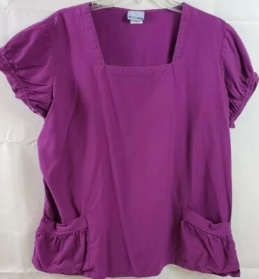White Swan Ladies Size Large Scrub Top Front Pockets Square Neck Purple - Image 1 of 3