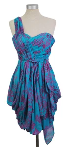 Coast Blue & Pink Pattern One Shoulder Bubble Hem Silk Dress- Women's UK 6 - Picture 1 of 7