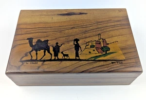 Vintage Bezalel Jerusalem Olivenholz Kiste Turm David Kamel Wohnwagen handbemalt - Bild 1 von 8