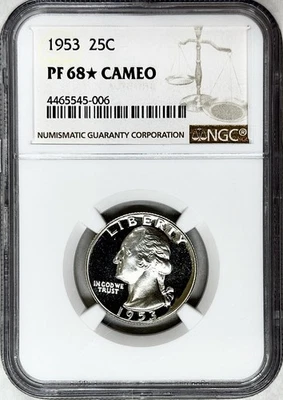1953 PROOF WASHINGTON QUARTER NGC MS68 ☆ CAMEO - Image 1 of 2