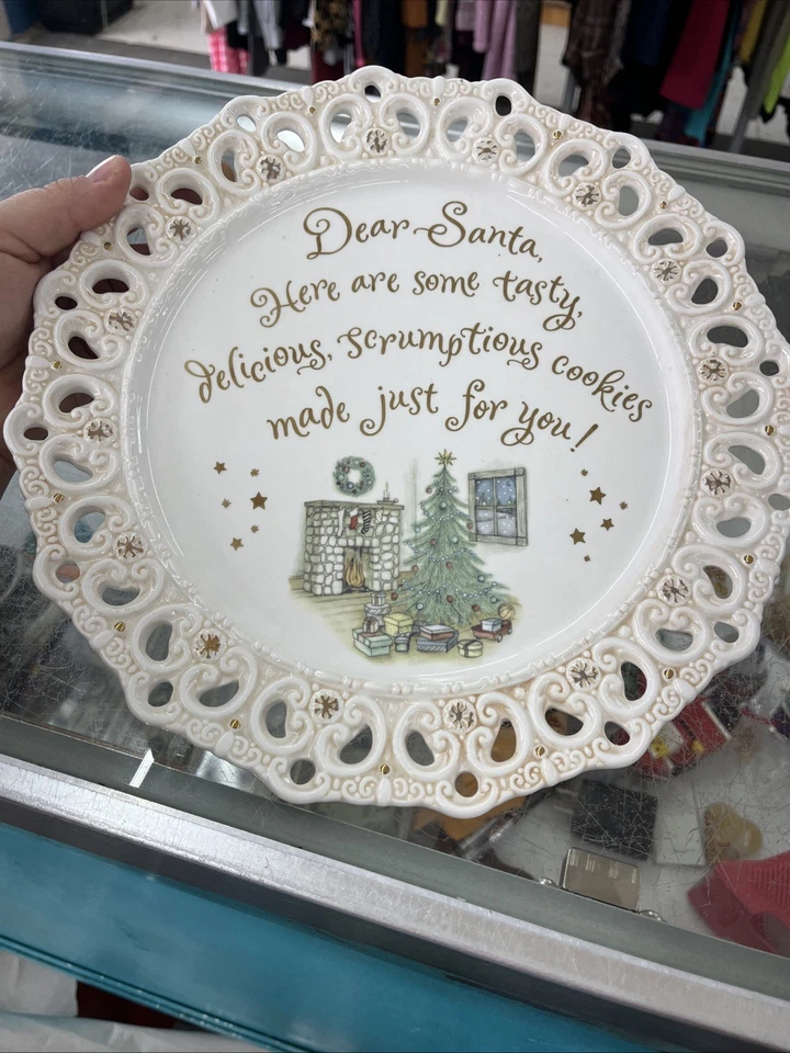Grasslands Road Christmas Cookie Plate Gold Trim Ornate Dear Santa - Image 1 of 4