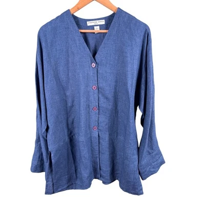 Camisa deportiva Josephine Chaus para mujer talla grande azul lino abertura lateral manga larga Foto 1 de 4