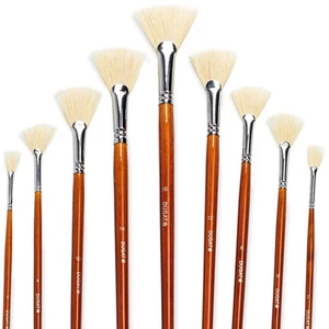 DUGATO Artist Fan Paint Brush Set of 9, White Hog Bristle Natural Hair - Picture 1 of 7