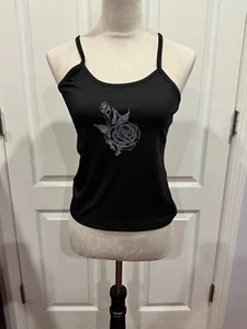 Women Tank Top Shirt Black Printed Rose Graphic Y2k Sz 2XL (19"x20") - Picture 1 of 4