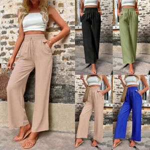 Womens Summer Casual Baggy Palazzo Pants Elastic Waist Wide Leg Jogging Trousers - Picture 1 of 14