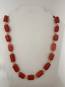 Handmade ~ Gold Beads & Salmon Barrel Shape Coral Beaded 24" Toggle Necklace C48 - Picture 1 of 6