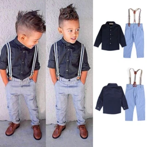 2PCS Toddler Baby Boys Gentleman Shirt Tops Straps Pants Clothes Outfits Sets - Picture 1 of 5